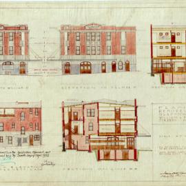 Plan - Elevations and Cross Sections of the Gladstone Hotel, corner of William Street and Palmer Street Darlinghurst, 1922