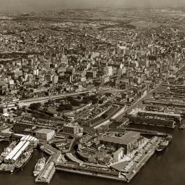 Aerial view of Sydney CBD and Darling Harbour from above Walsh Bay, no date