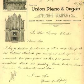 Tender - Union Piano & Organ Tuning Company to lease Shop 3 at Victoria Markets, Sydney, 1898