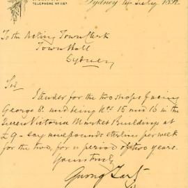 Letter - Tender received by Quong Tart & Co Tea Merchants to lease shop 15 & 16, Queen Victoria Markets, 1898 