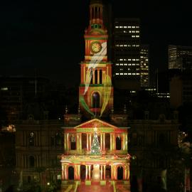 Aerial view from building of Sydney Town Hall lit with eucalyptus leaves, George Street Sydney, 2005