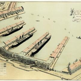 Map - Bird's eye view of new wharfage scheme, Walsh Bay Sydney, circa 1919