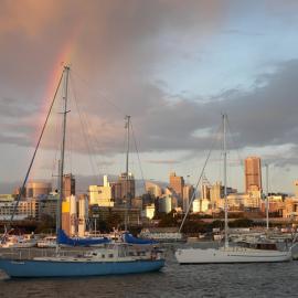 View looking towards the city of two yachts and a rainbow, Blackwattle Bay, 2006