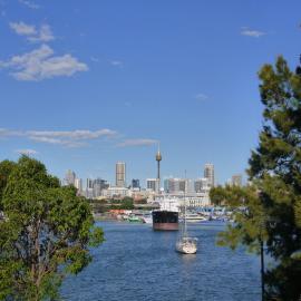 View of cargo vessel 'Claudia' and city skyline, Blackwattle Bay, 2009