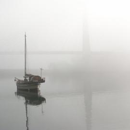 Junk rigged boat 'Marlee Coo' moored in the fog, Blackwattle Bay, 2004