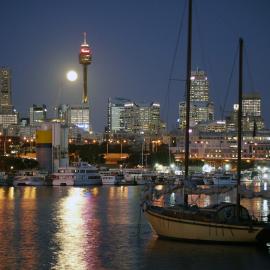 Moored yacht and cityscape under a full moon, Blackwattle Bay, 2010