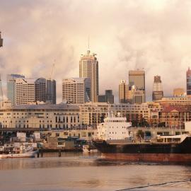 Cargo vessel 'Claudia' in Blackwattle Bay with Pyrmont and city in background, 2004