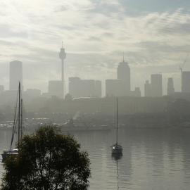 View from Blackwattle Bay Park of yachts on the water and city enveloped in fog, Glebe, 2007