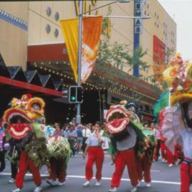 Dragon dancers, Chinese New Year, George Street Sydney, 2002