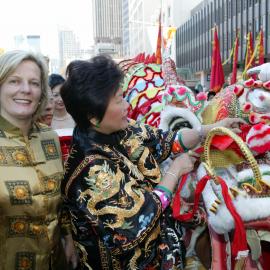 Lord Mayor Lucy Turnbull with dragon, Chinese New Year, Sydney Town Hall, George Street Sydney, 2004