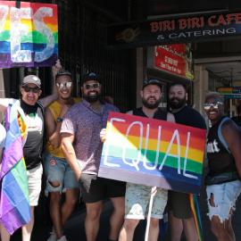 Queer friends outside the Biri Biri Café after the YES vote, Regent Street Redfern, 2017