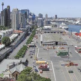 Elevated view of Darling Harbour wharves from the Harbour Control Tower, Millers Point, 2004