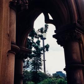 Sydney Tower through an arch of the Frazer Fountain, Hyde Park Sydney, circa early 1990s