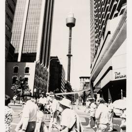 Pedestrians crossing and Sydney Tower, Market and Kent Streets Sydney, circa late 1980s