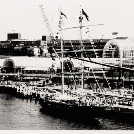 Harbourside Shopping Centre with tall ship in foreground, circa late 1980s