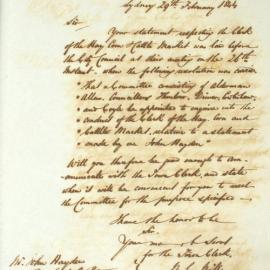 Letter - Commttee to investigate Hayden's complaint about Clerk of Hay, corn and cattle market, 1844