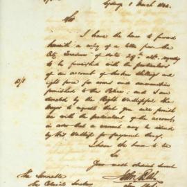 Letter - Request for particulars of an account for arms and ammunition furnished to the Police, 1844