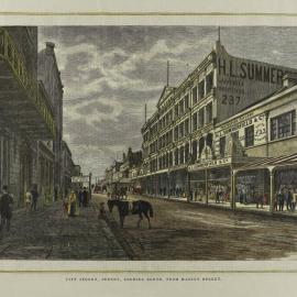 Engraving - Pitt Street, looking south from Market Street Sydney, c1884