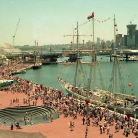 Tall ships and crowds at Darling Harbour, Bicentenary, 1988