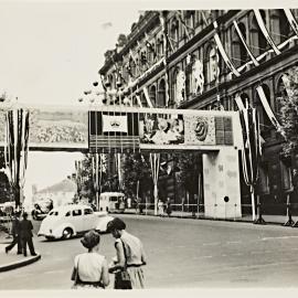 Street decorations for royal visit of Queen Elizabeth II, Bridge Street Sydney, 1954