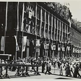General Post Office (GPO) decorated for royal visit of Queen Elizabeth II, Martin Place Sydney, 1954