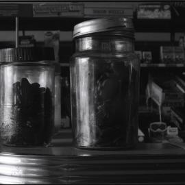 Sweets in jars on the counter, Chios Milk Bar, Regent Street Redfern, 1983
