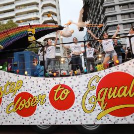 People on Equality float featuring a stork with baby,  Sydney Gay & Lesbian Mardi Gras, 2011