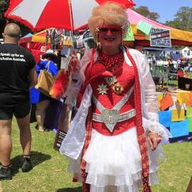 Red and white Drag Queen looking fabulous, Victoria Park, Mardi Gras Fair Day, 2013