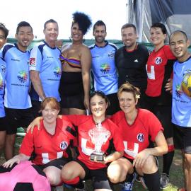 Happy Soccer teams back stage after performing, Victoria Park, Mardi Gras Fair Day, 2013