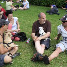 Friends chatting and hanging out with dogs, Victoria Park, Mardi Gras Fair Day, 2013
