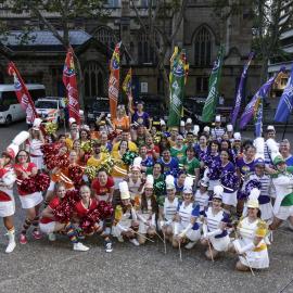 City of Sydney cheerleaders in Townhall Square, Sydney Gay & Lesbian Mardi Gras, 2015
