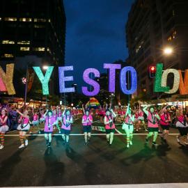 City of Sydney 'Say yes to love' sign, Sydney Gay & Lesbian Mardi Gras, 2017