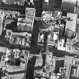 Aerial photograph (oblique), Centrepoint Tower under construction, corner of Market and Pitt Street, 1983
