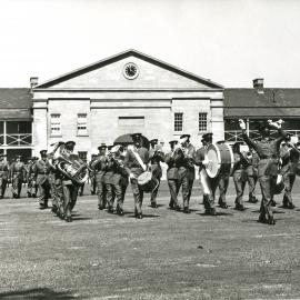 Marching army band and military parade at Victoria Barracks, Oxford Street Paddington, 1973