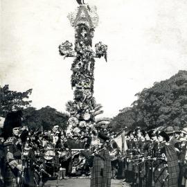 ANZAC Parade obelisk decorated for ANZAC day, Moore Park, 1934