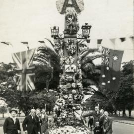 ANZAC Parade obelisk decorated for ANZAC day, Moore Park, 1937