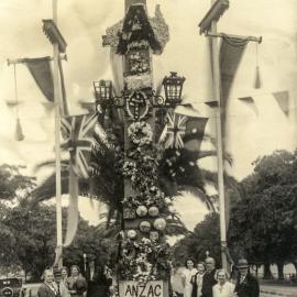 ANZAC Parade obelisk decorated for ANZAC Day, Moore Park, 1938