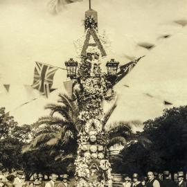ANZAC Parade obelisk decorated for ANZAC day, Moore Park, 1932