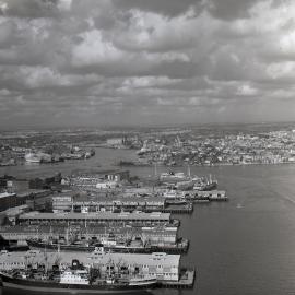 Aerial view looking west above Hickson Road wharves in Walsh Bay, 1960s
