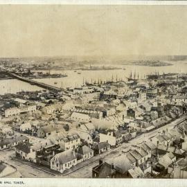 Aerial view over Pyrmont Bridge and Darling Harbour from Sydney Town Hall clock tower, 1873