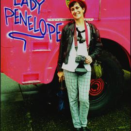 Artist Juilee Pryor in front of Lady Penelope fire tender, Queen's Square Sydney, circa 1991