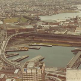 Aerial view of Western Distributor, Cockle Bay and Darling Harbour, 1982