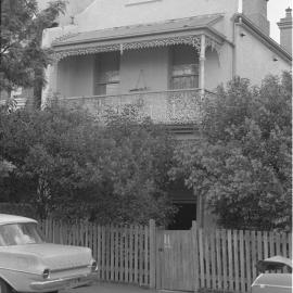 Two-storey terrace with wooden picket fence, Wigram Road Glebe, 1970s