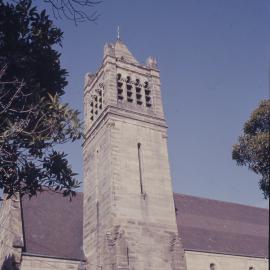 Gothic sandstone tower of St John's church, Glebe Point Road Glebe, 1970