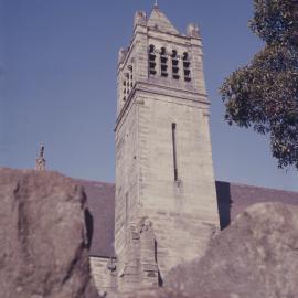 Gothic sandstone tower of St John's church, Glebe Point Road Glebe, 1970