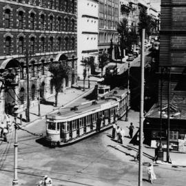 Tram arriving at Circular Quay, Young Street Sydney, 1953
