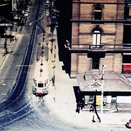 Trams arriving at Circular Quay, Young Street Sydney, 1955
