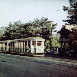 Tram heading west on Parramatta Road, Camperdown, 1955