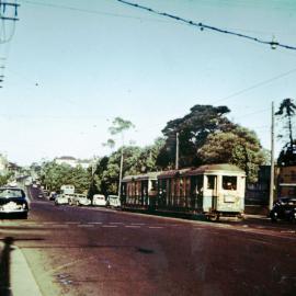 Tram heading west on Parramatta Road, Camperdown, 1954