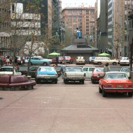 Train strike parking around the information booth in Martin Place Sydney, 1984